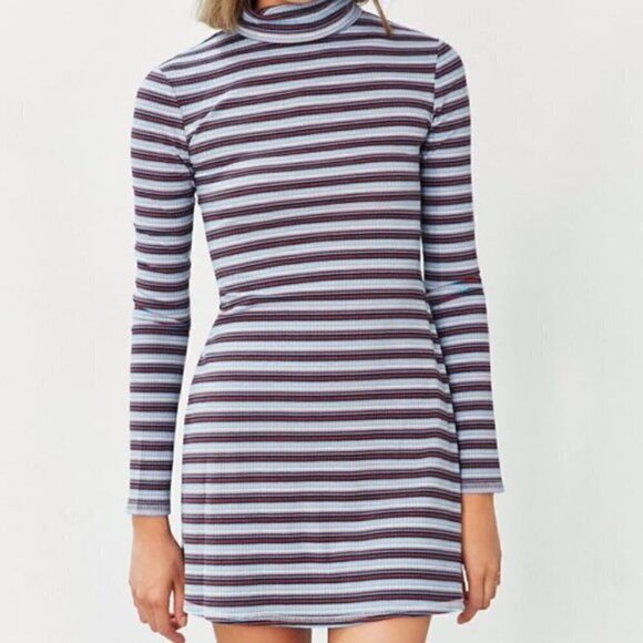 BDG Dresses & Skirts - NWT BDG Grey Blue Turtleneck Striped 90s Y2K Ribbed Knit Long Sleeve Mini Dress